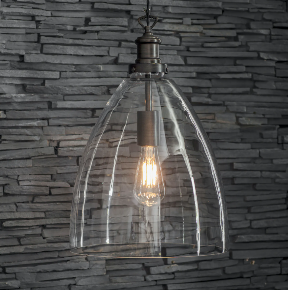 Hoxton Large Glass Bullet Pendant Light Antique Bronze or Satin Nicke Pebble Home Lifestyle