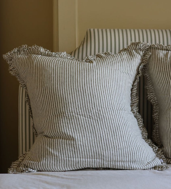 Hallie Olive Stripe Ruffle Cushion 65x65cm