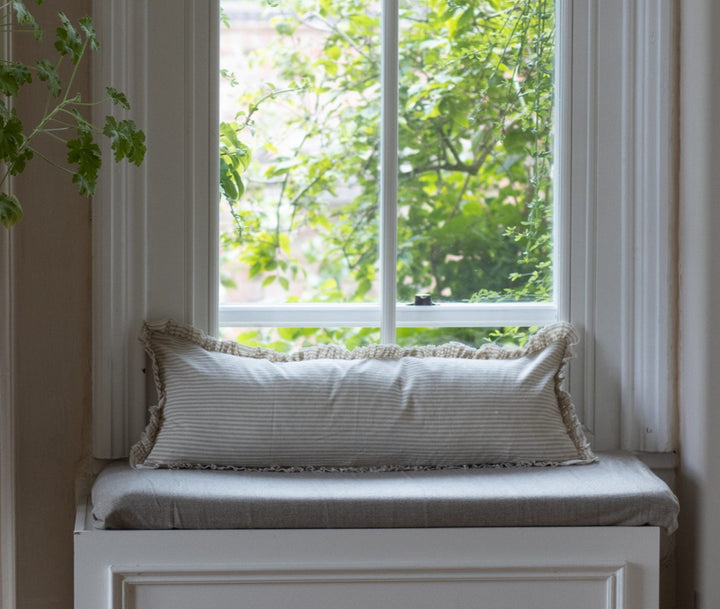Darcy Beige Stripe Ruffle Cushion Bolster