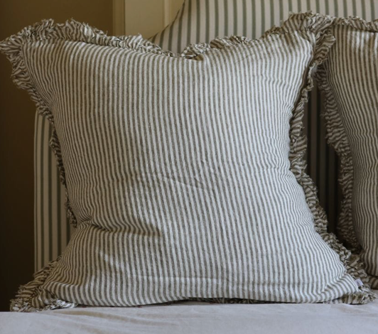 Hallie Olive Stripe Ruffle Cushion 65 x 65cm