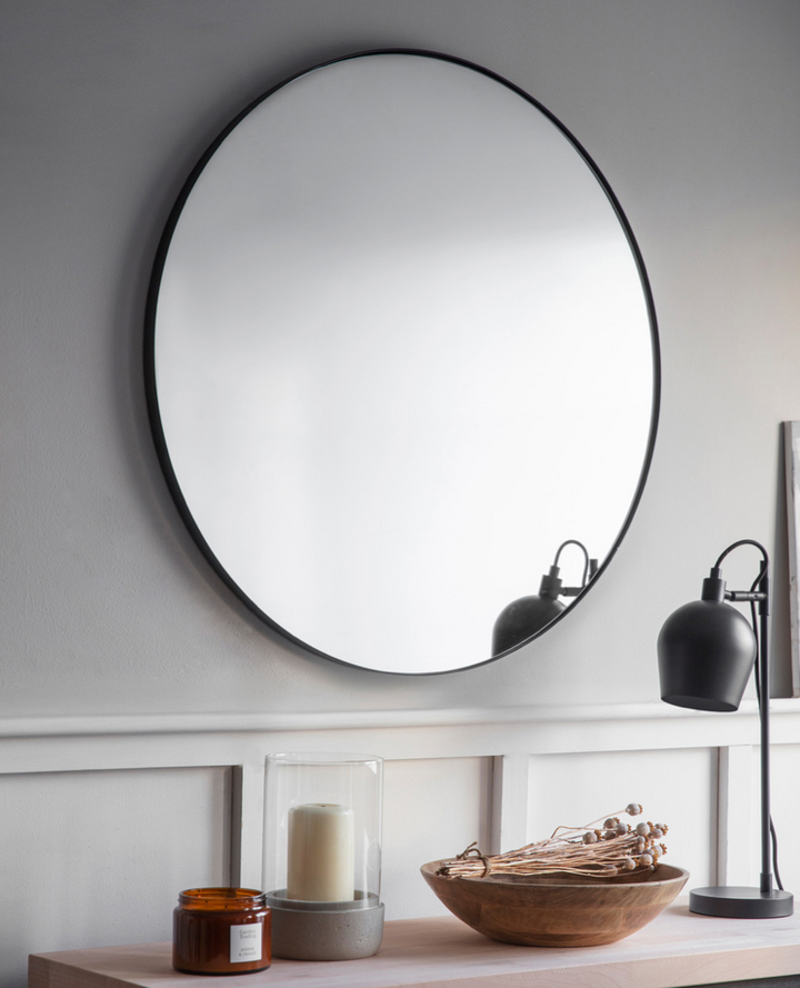 Round Black Metal Frame Wall Mirror 80cm